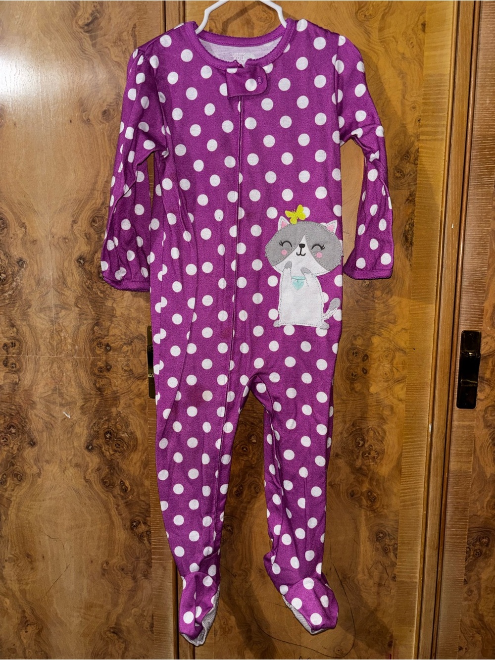 Kids Purple Polka Dot One-Piece Footed Pajamas with Cat Applique size 2T